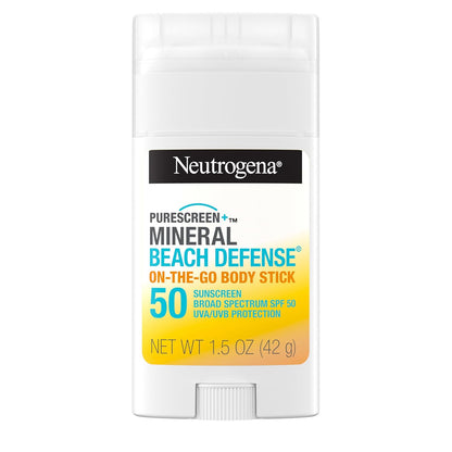 Neutrogena Purescreen+ Mineral Beach Defense On-The-Go Body Sunscreen Stick with Broad Spectrum SPF 50, Water Resistant UVA/UVB Protection, Absorbs Quickly & Dries Clear, 1.5 Oz