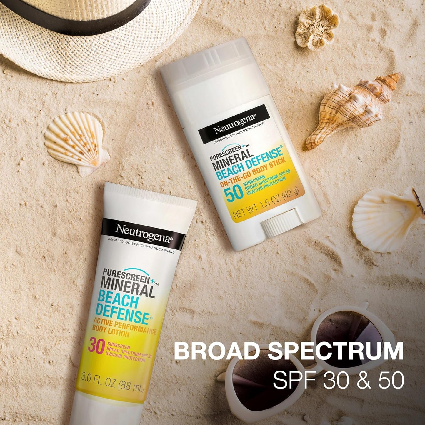 Neutrogena Purescreen+ Mineral Beach Defense On-The-Go Body Sunscreen Stick with Broad Spectrum SPF 50, Water Resistant UVA/UVB Protection, Absorbs Quickly & Dries Clear, 1.5 Oz