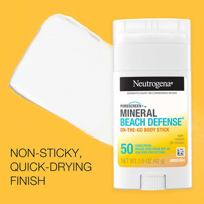 Neutrogena Purescreen+ Mineral Beach Defense On-The-Go Body Sunscreen Stick with Broad Spectrum SPF 50, Water Resistant UVA/UVB Protection, Absorbs Quickly & Dries Clear, 1.5 Oz