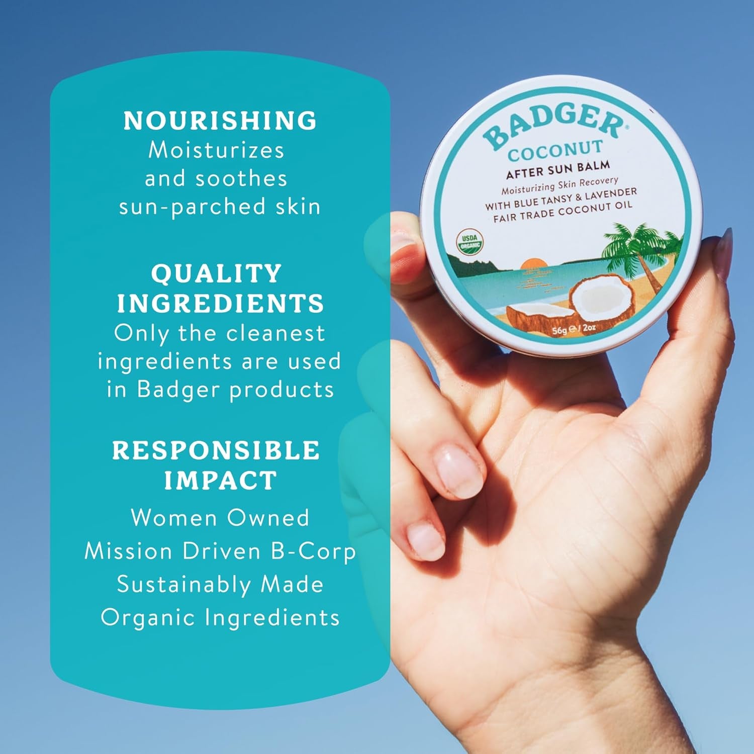 Coconut after Sun Balm with Organic Cocoa Butter & Shea Butter, Rescue Balm, Soothing & Cooling Balm for Tight Dry Skin after Sun Exposure, 2 Oz